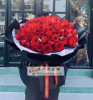 廊坊 安次区花店材料：99朵红玫瑰，银叶菊丰满  包装：白色内衬，黑色圆形包装 		 		 		 		