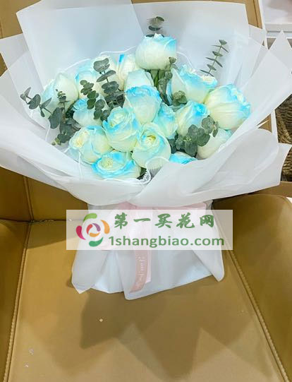 廊坊大城县花店材料：19朵碎冰蓝。搭配尤加利叶、高档雾面纸扇形包