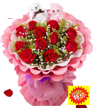 
 [包 装]： 白色、粉色卷边纸圆形包装，粉色丝带花结。  [材 料]： 红玫瑰11朵，黄莺、满天星配草，小熊2只。   花语：想你，是件很快乐的事；见你，是件很开心的事；爱你，是我永远
