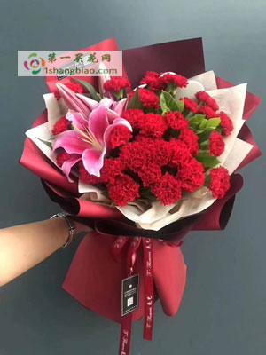 廊坊 安次区花店材料：21朵红色康乃馨，搭配百合。精美配草  包装：红色扇形包装 		 		 		 		 		 		 		 		 		 		 		